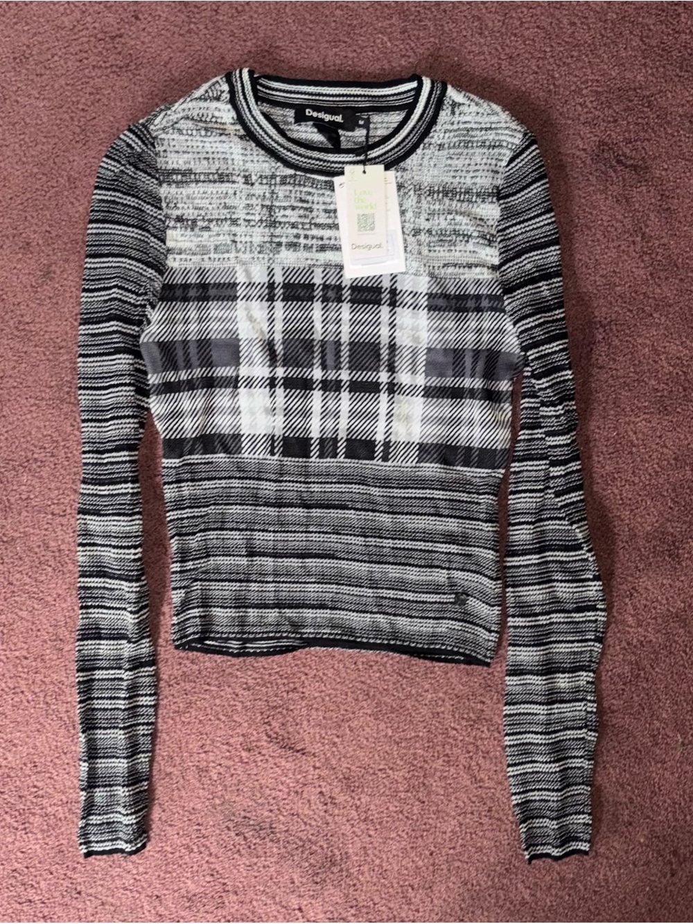 Desigual Black & White Plaid Mix Knit Long-Sleeve Top